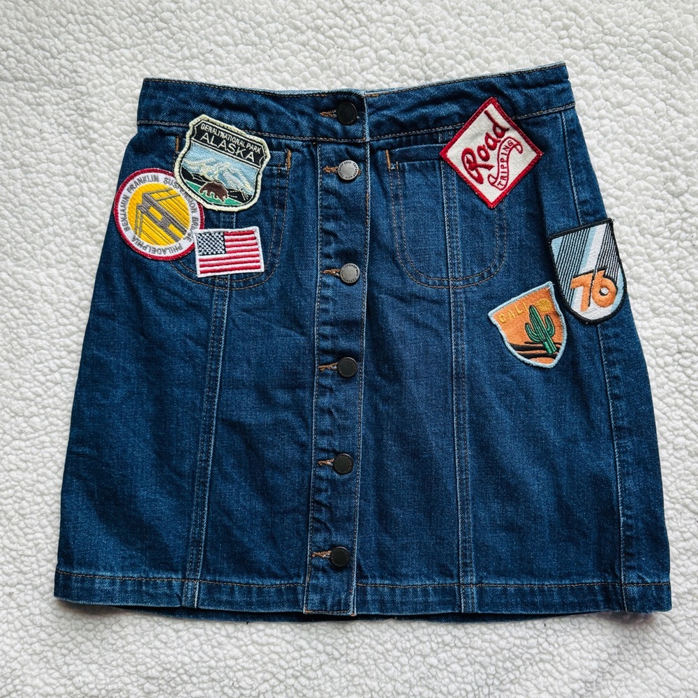 Topshop Mini Moto Denim Skirt with Patches Size 4